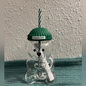Starbucks Bearista Clear Glass Bear Tumbler with Green Lid